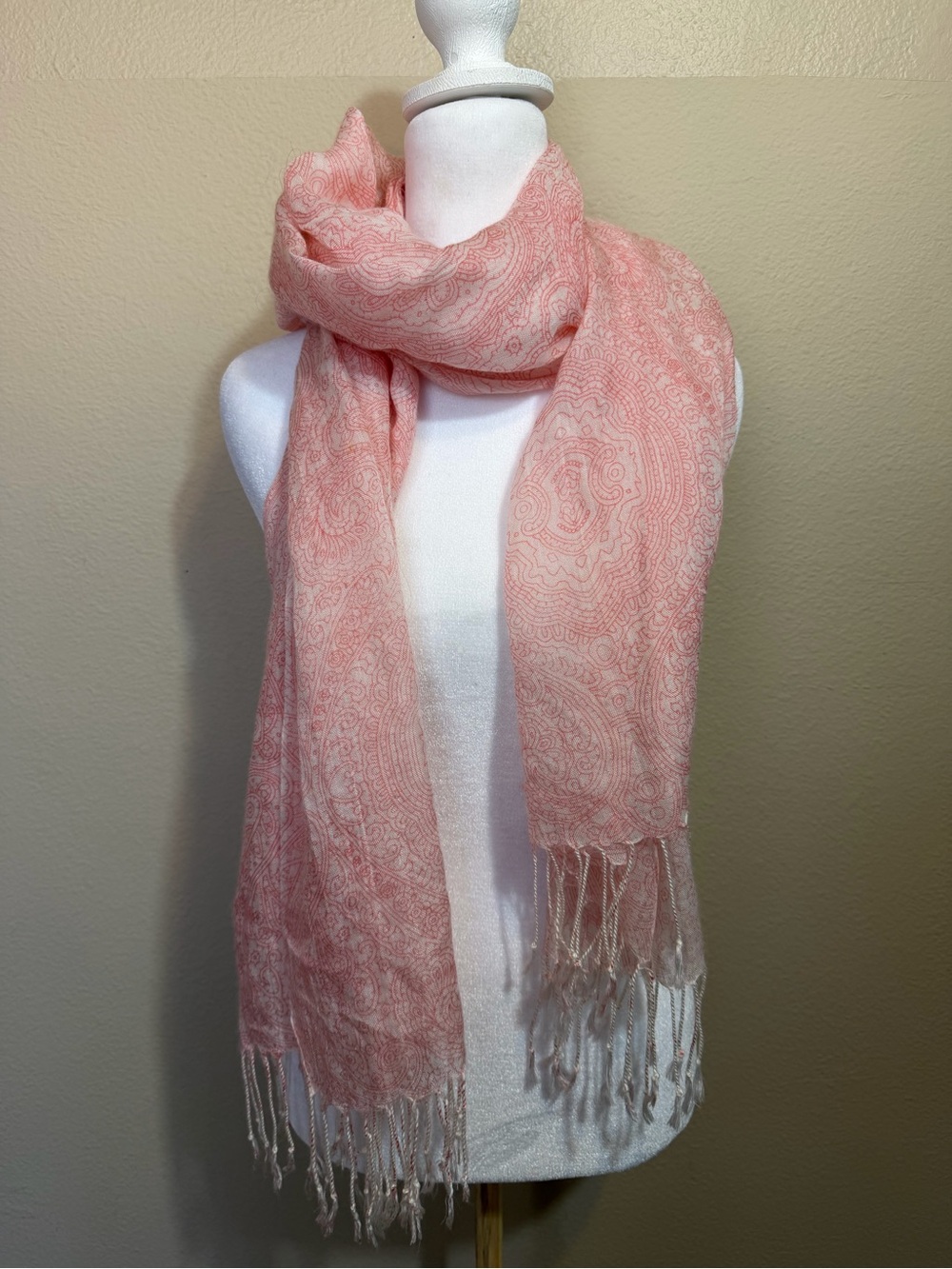 Boho Beachy Light Pink Paisley Fringe Scarf - Women's Accessory 28x70